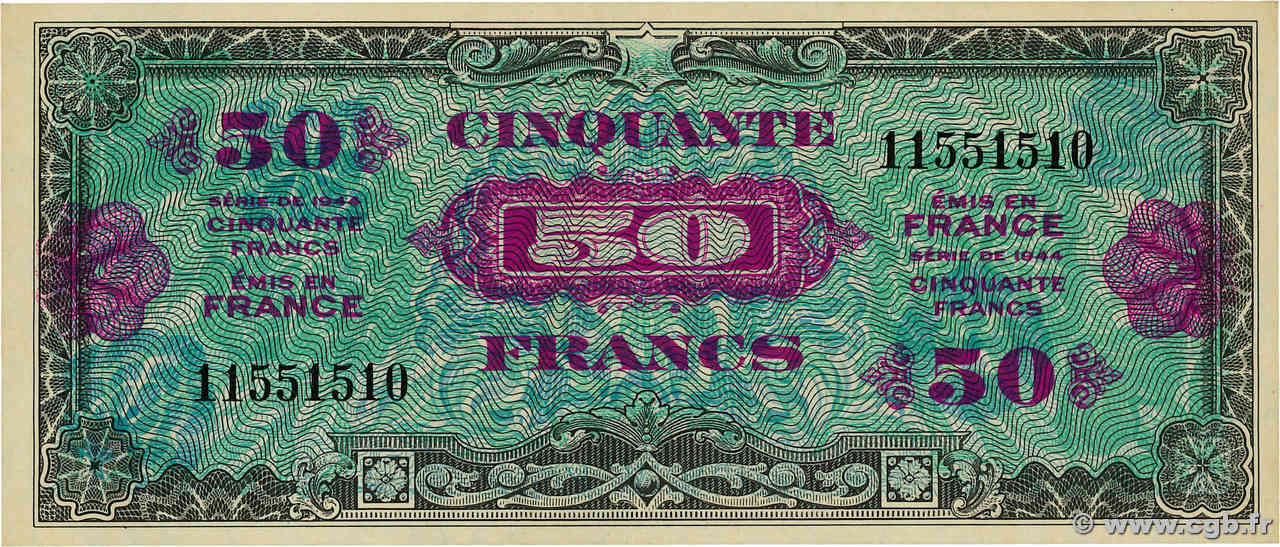 50 Francs DRAPEAU FRANCIA  1944 VF.19.01 FDC