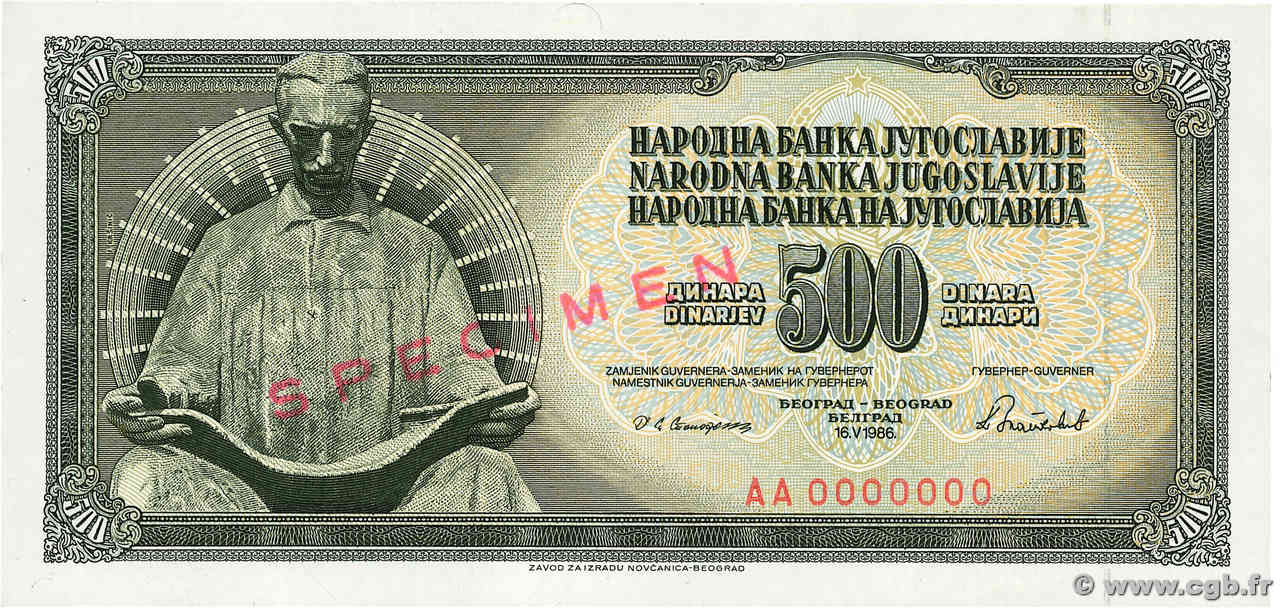 500 Dinara Spécimen JUGOSLAWIEN  1986 P.091cs fST+