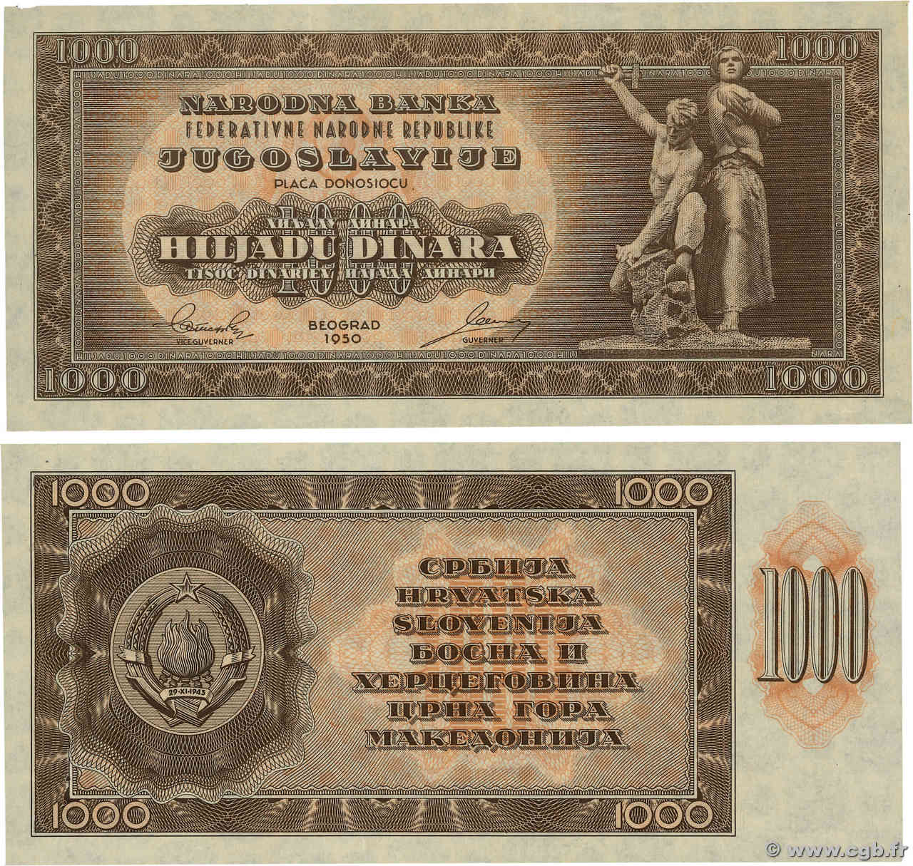 1000 Dinara Épreuve JUGOSLAWIEN  1950 P.067X fST+