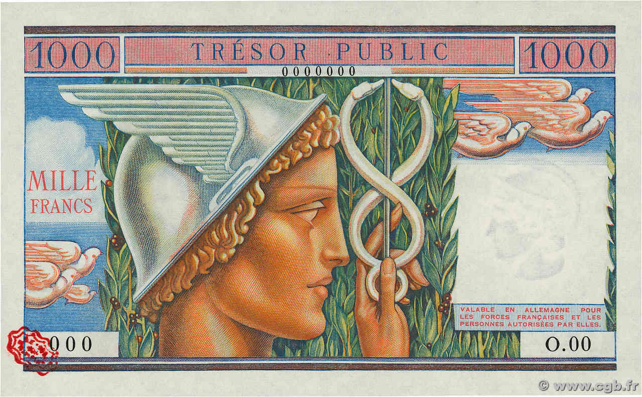 1000 Francs TRÉSOR PUBLIC Spécimen FRANKREICH  1955 VF.35.00S fST+