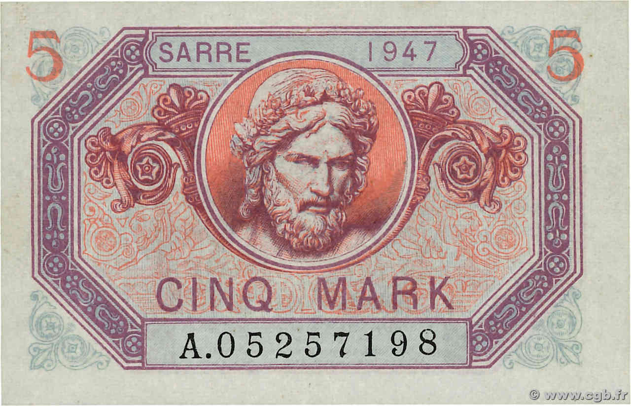 5 Mark SARRE FRANCE  1947 VF.46.01 pr.SPL