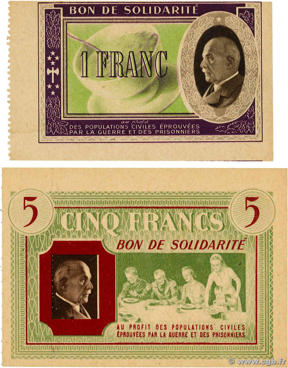 1 et 5 Francs BON DE SOLIDARITÉ Lot FRANCE régionalisme et divers  1941 KL.(lot) NEUF