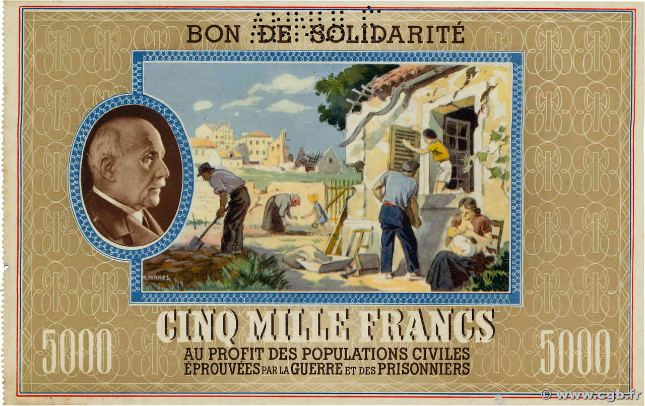 5000 Francs BON DE SOLIDARITÉ Annulé FRANCE regionalism and miscellaneous  1941 KL.13As XF