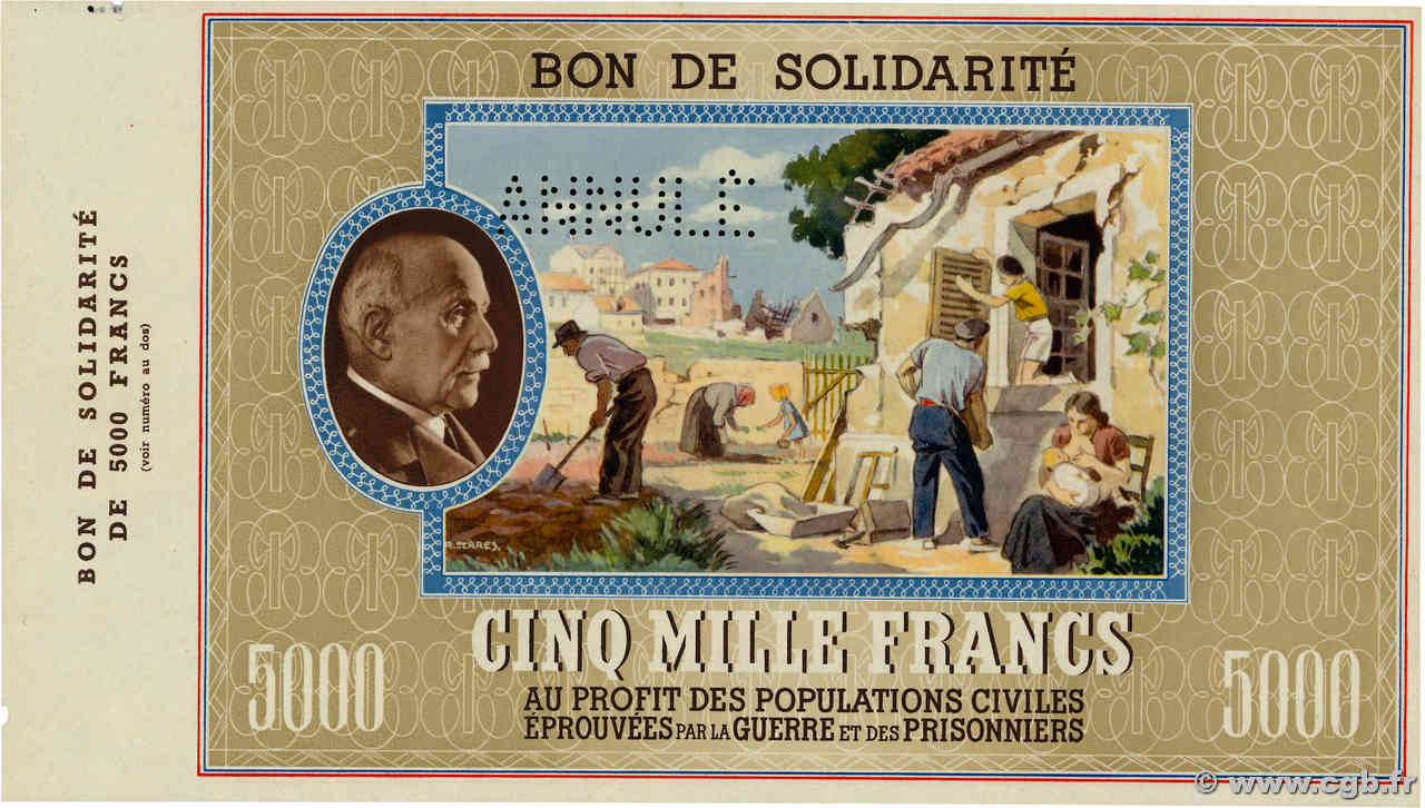 5000 Francs BON DE SOLIDARITE Annulé FRANCE régionalisme et divers  1941 KL.13Bs pr.NEUF