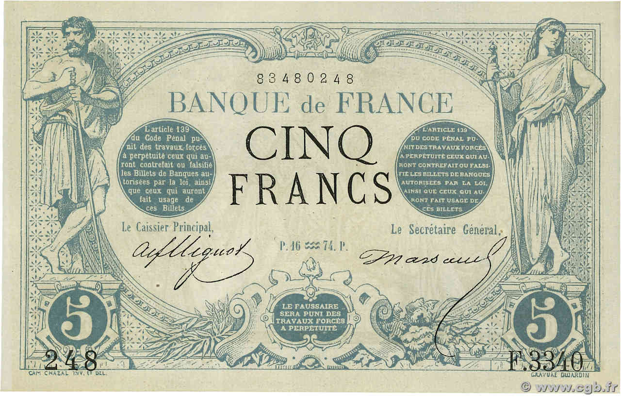 5 Francs NOIR FRANCIA  1874 F.01.25 FDC