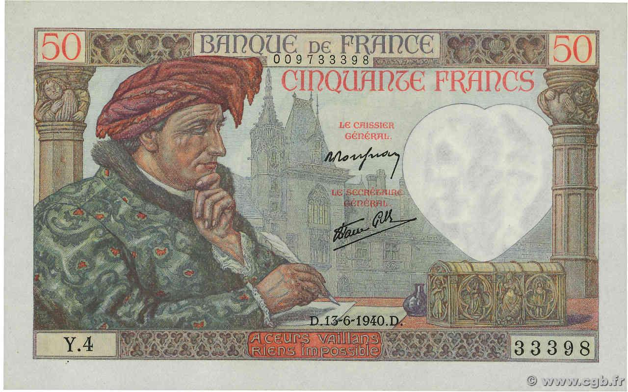 50 Francs JACQUES CŒUR FRANKREICH  1940 F.19.01 fST+