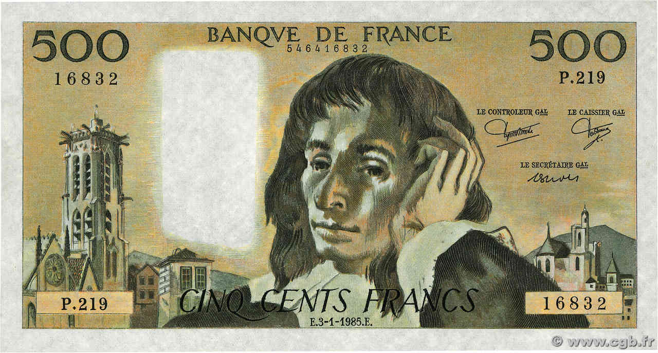 500 Francs PASCAL Fauté FRANCIA  1985 F.71.32 FDC