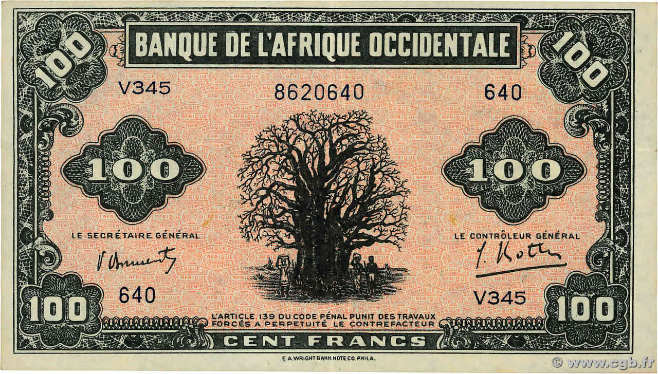 100 Francs FRENCH WEST AFRICA  1942 P.31a MBC+