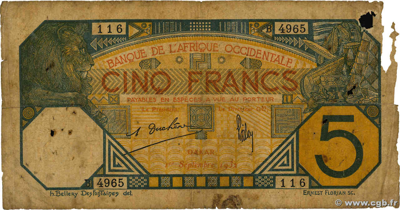 5 Francs DAKAR AFRIQUE OCCIDENTALE FRANÇAISE (1895-1958) Dakar 1932 P.05Bf pr.B