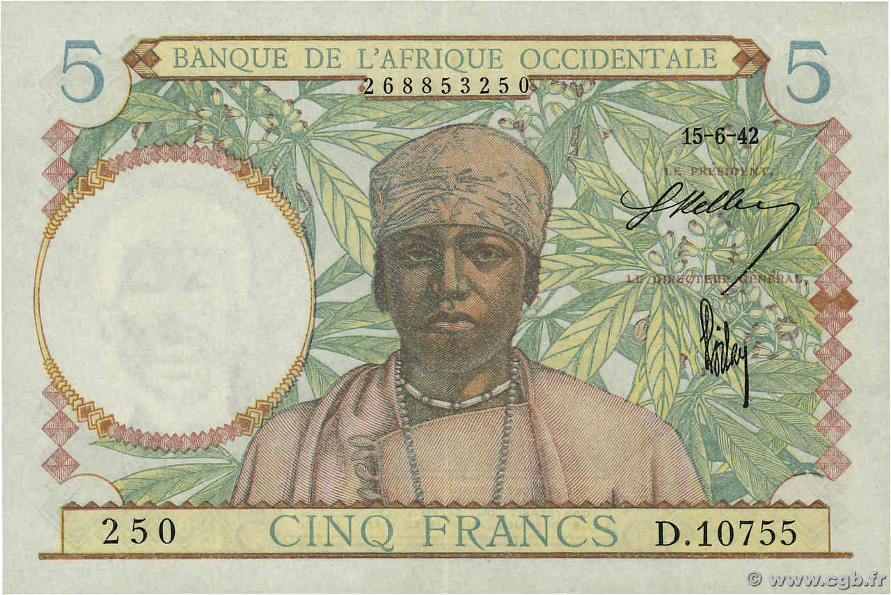 5 Francs FRENCH WEST AFRICA  1942 P.25 EBC+