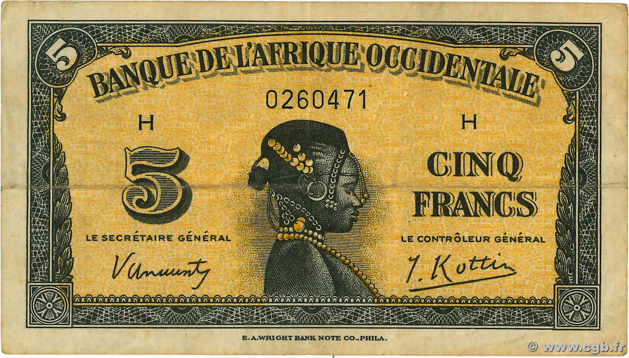 5 Francs FRENCH WEST AFRICA  1942 P.28a MBC