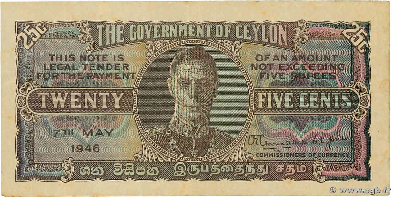 25 Cents CEYLON  1946 P.044b q.SPL