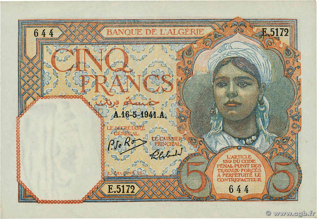 5 Francs ARGELIA  1941 P.077b EBC