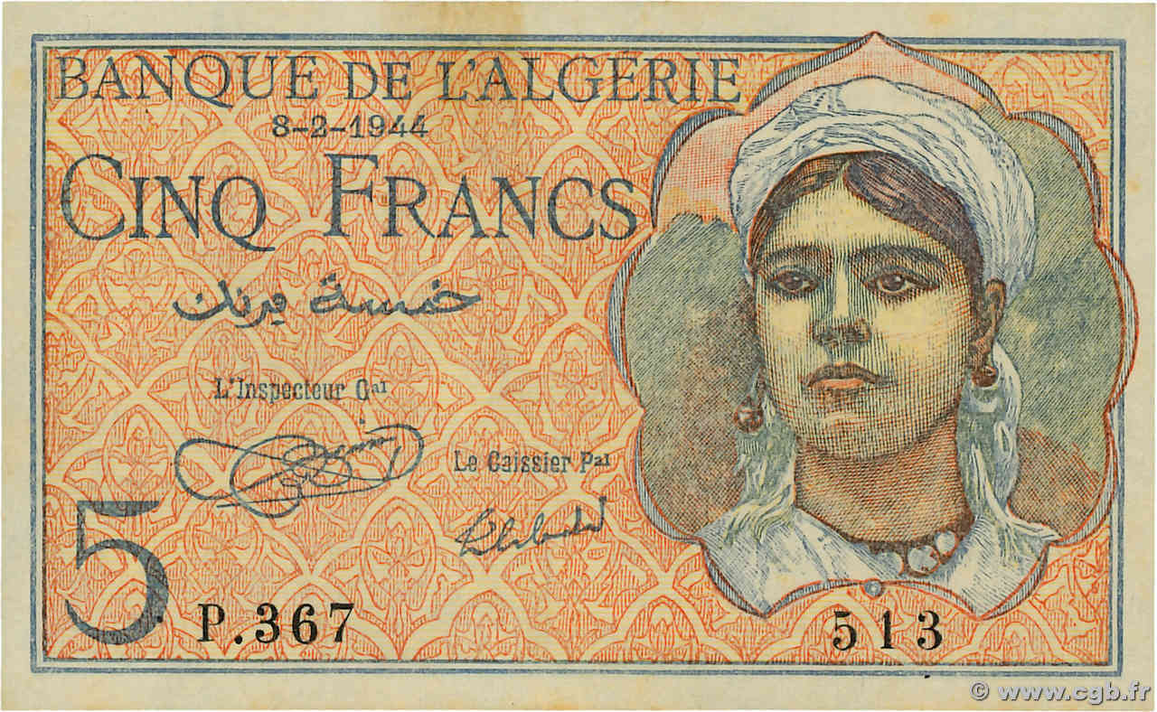 5 Francs ARGELIA  1944 P.094a SC