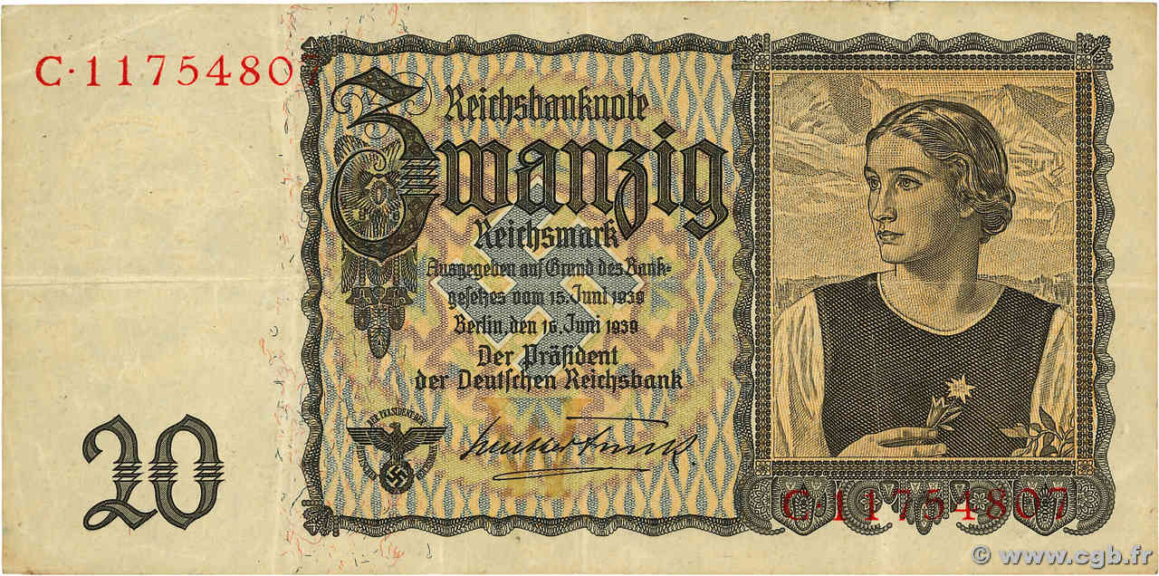 20 Reichsmark ALEMANIA  1939 P.185 BC+