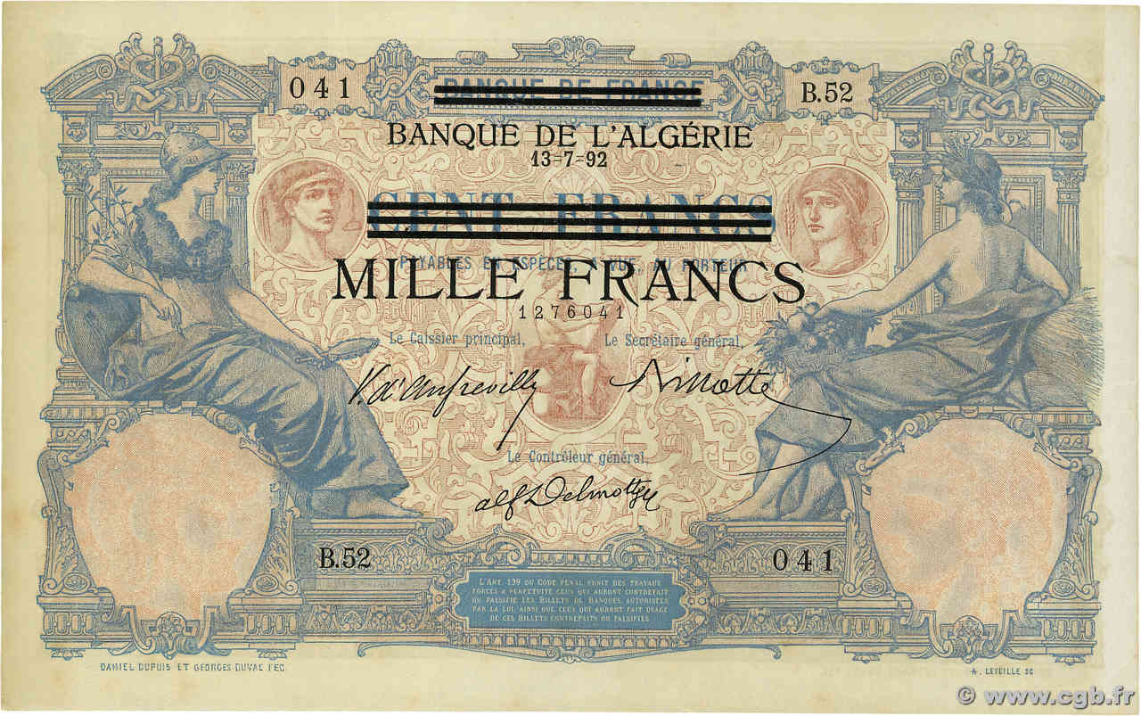 1000 Francs sur 100 Francs TUNISIA  1942 P.31 AU-