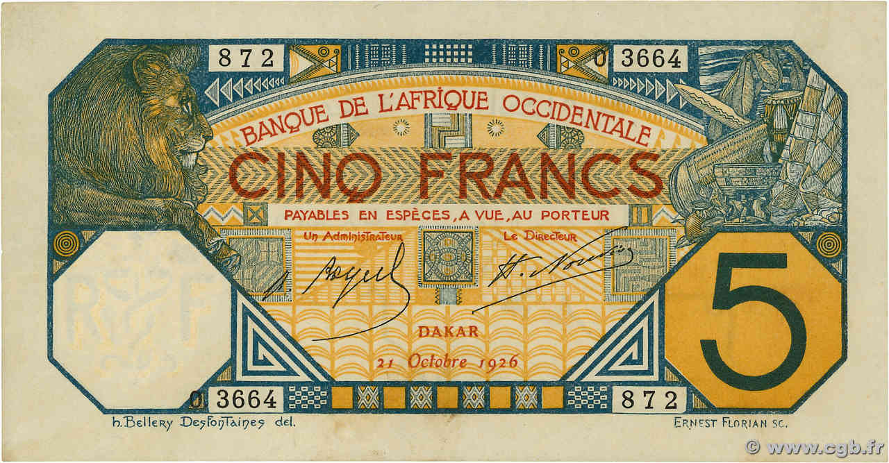 5 Francs DAKAR FRENCH WEST AFRICA Dakar 1926 P.05Bc SC+