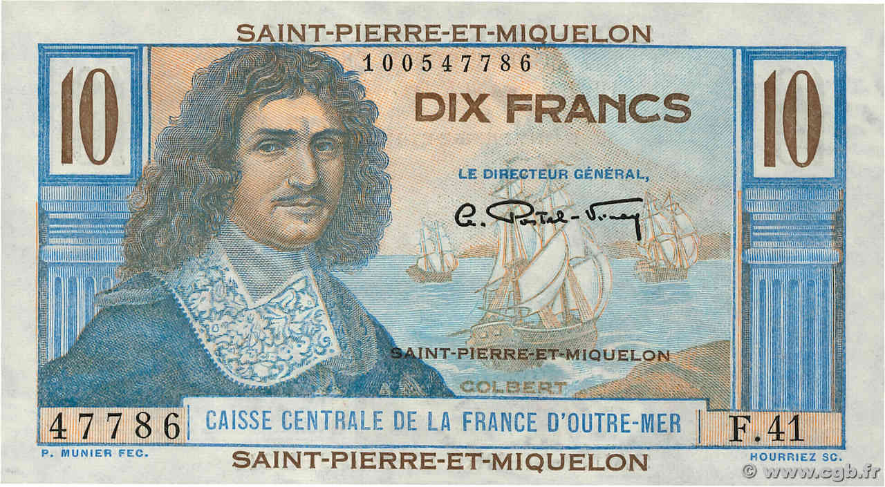 10 Francs Colbert SAINT PIERRE E MIQUELON  1946 P.23 q.FDC