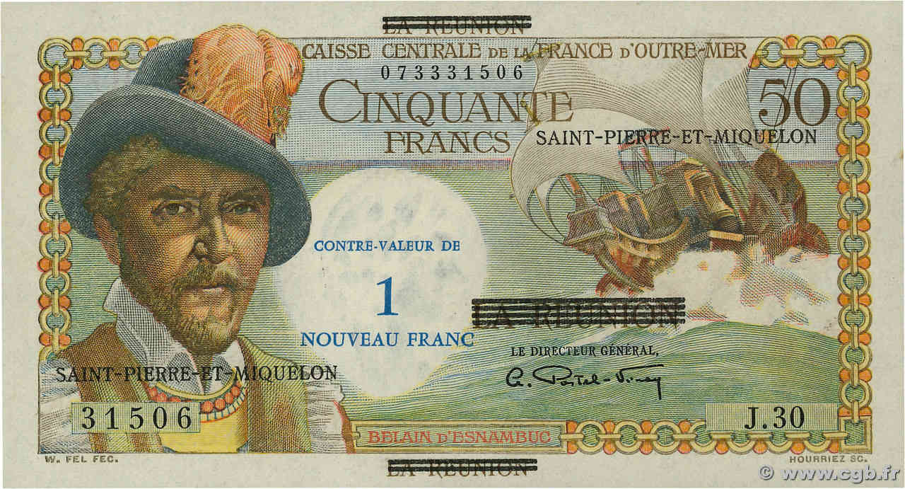 1 NF sur 50 Francs Belain d Esnambuc SAINT PIERRE E MIQUELON  1960 P.30b q.FDC