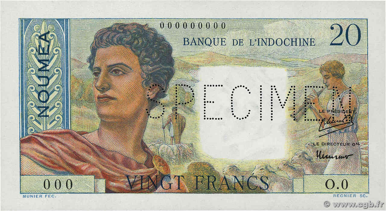 20 Francs Spécimen NOUVELLE CALÉDONIE  1954 P.50as FDC