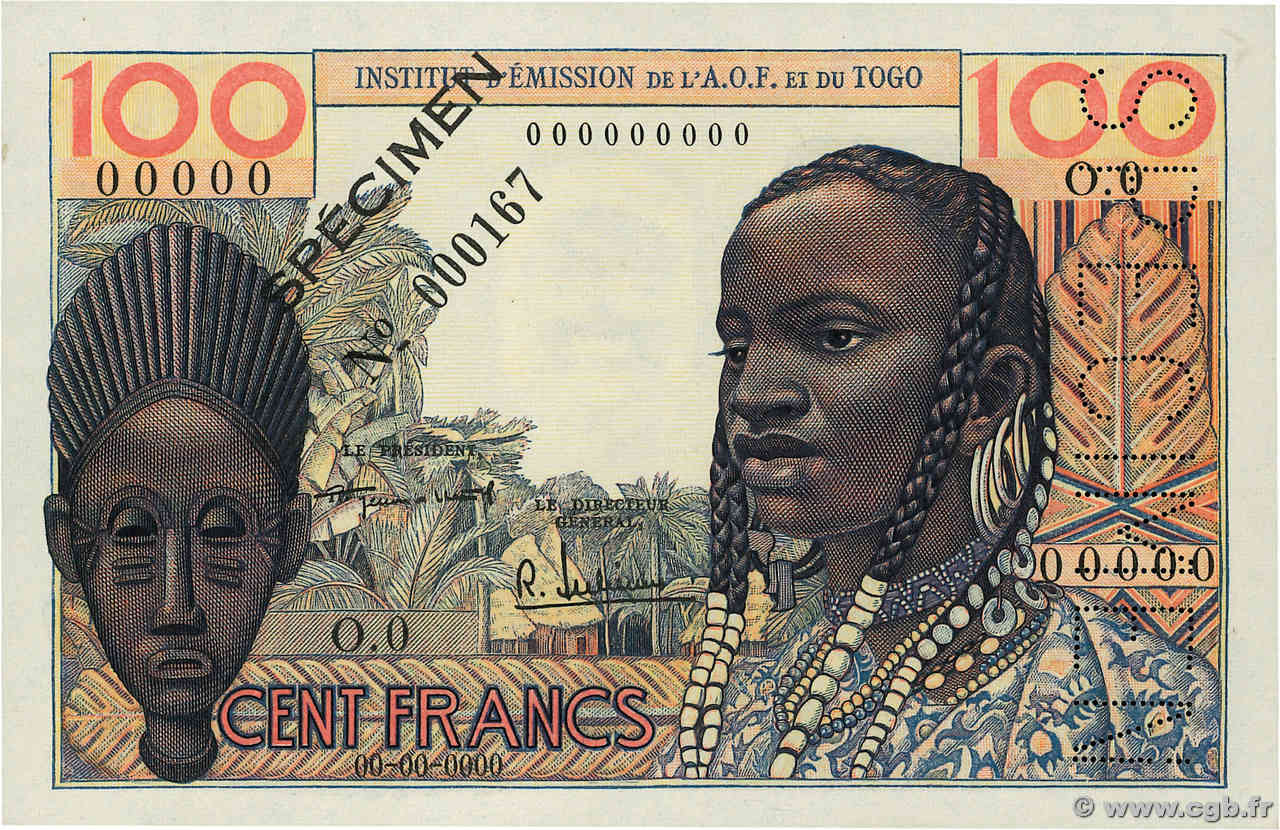 100 Francs Spécimen FRENCH WEST AFRICA  1956 P.46s q.FDC