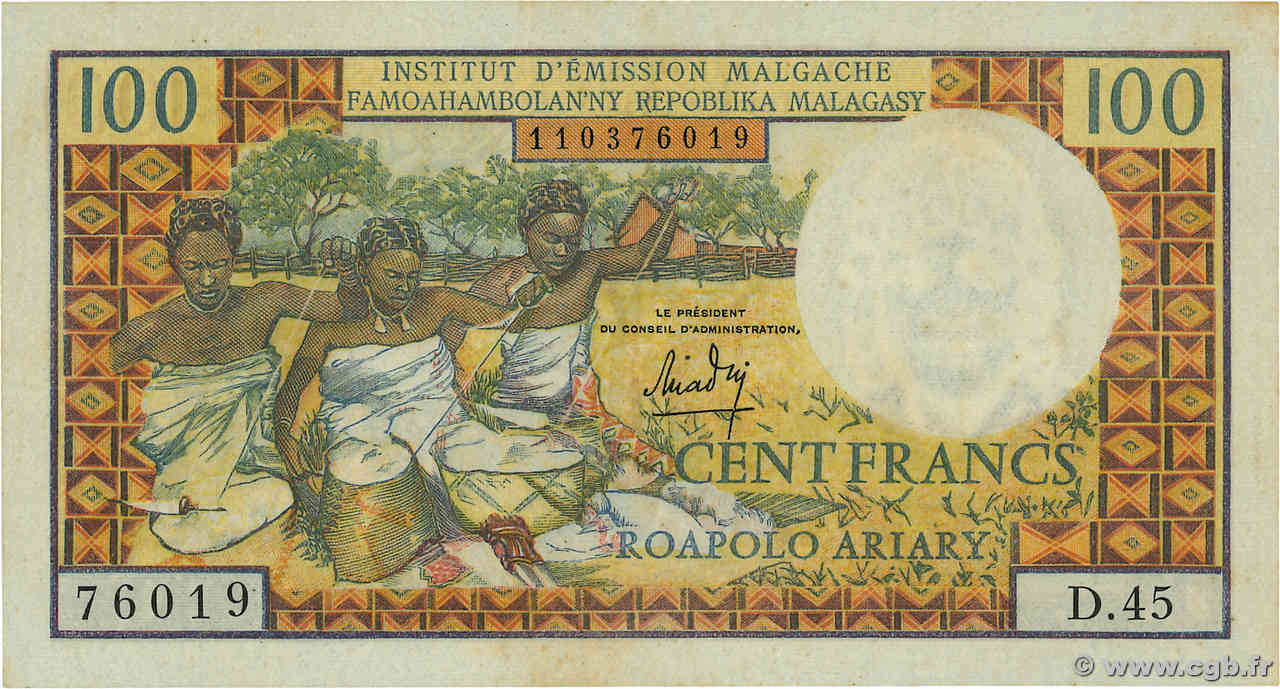 100 Francs - 20 Ariary MADAGASKAR  1966 P.057 VZ