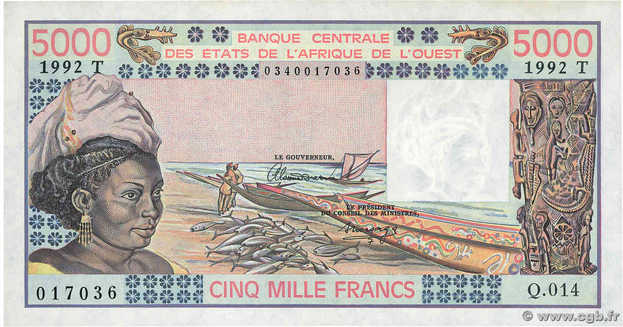 5000 Francs WEST AFRICAN STATES  1992 P.808Tm UNC-