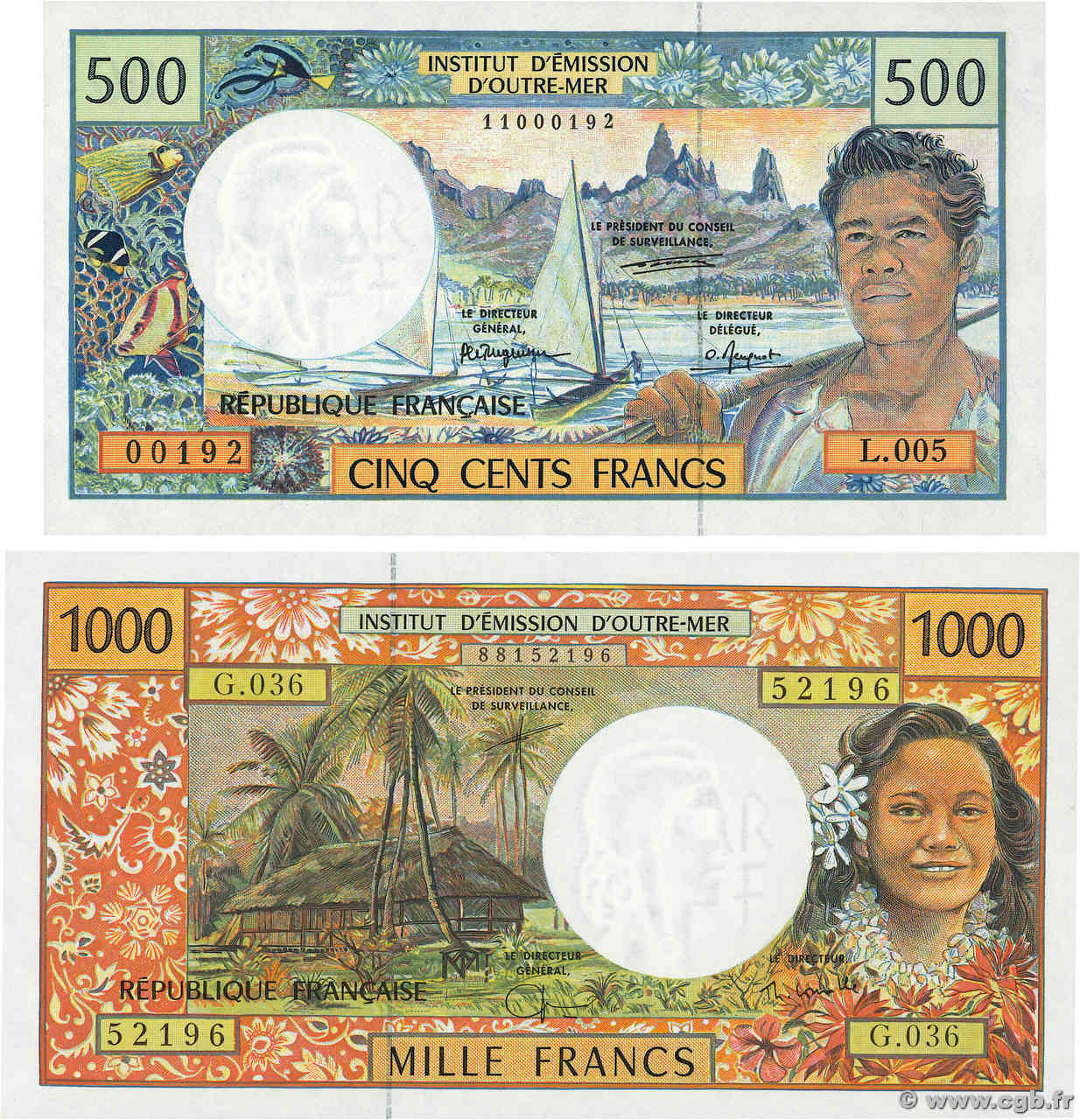 500 et 1000 Francs Lot FRENCH PACIFIC TERRITORIES  1992 P.01b et P.02h UNC-