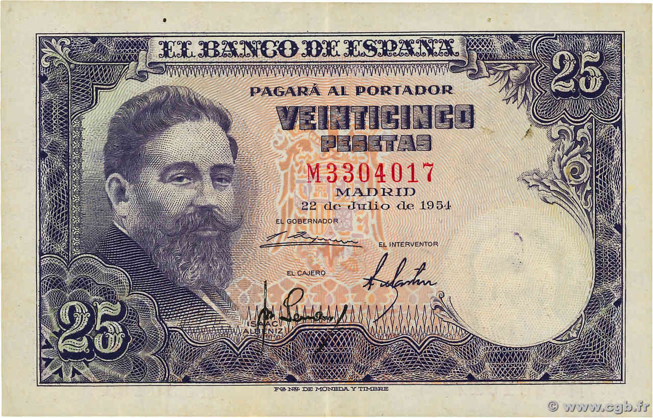 25 Pesetas ESPAÑA  1954 P.147a MBC+