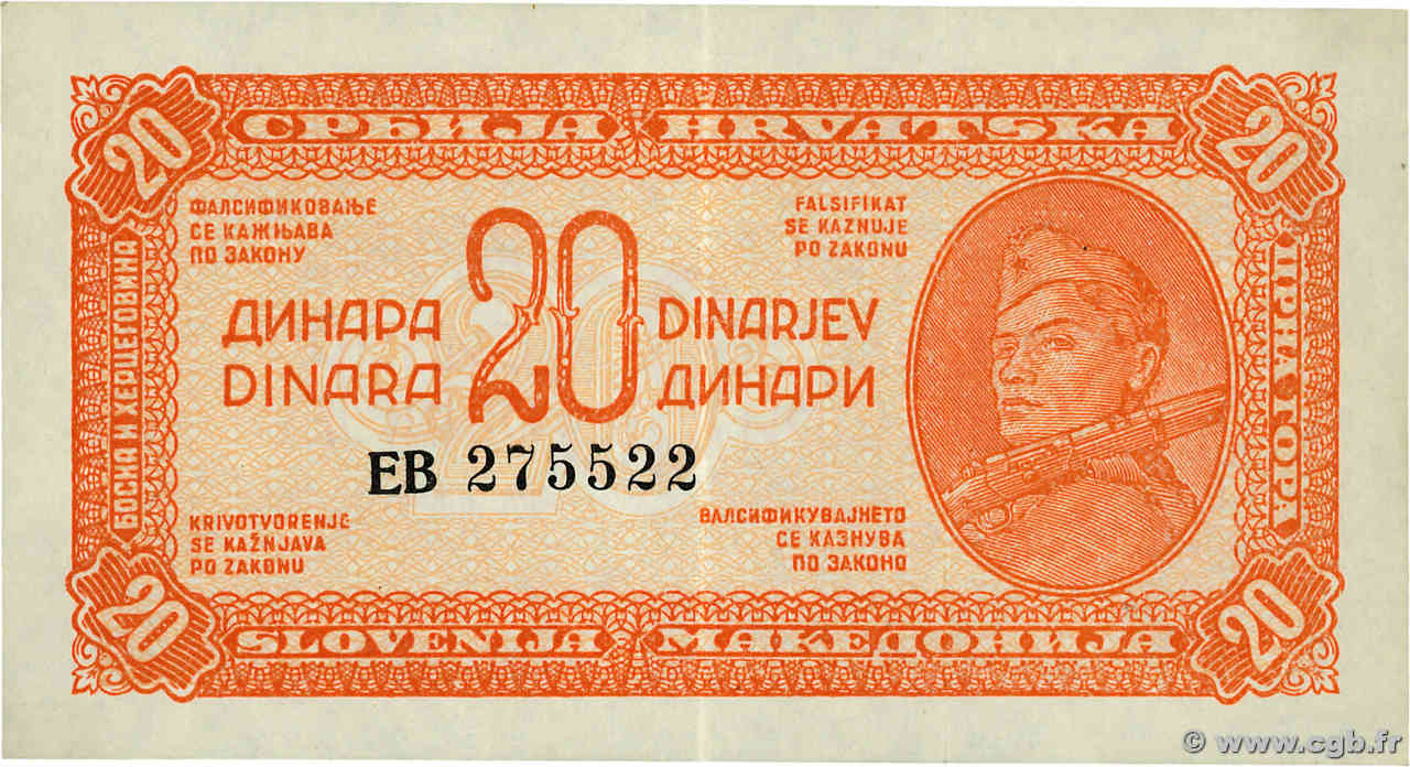 20 Dinara YUGOSLAVIA  1944 P.051a EBC+