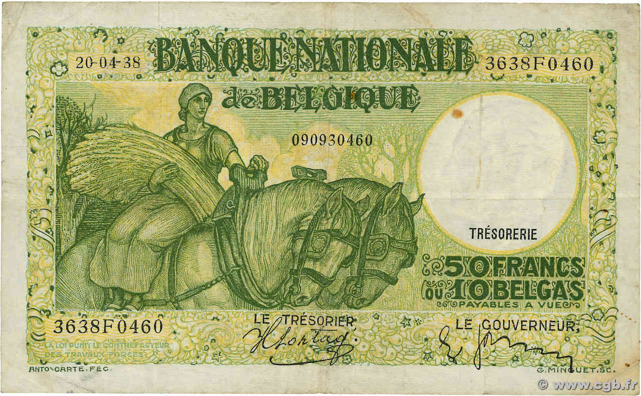 50 Francs - 10 Belgas BÉLGICA  1938 P.106 BC