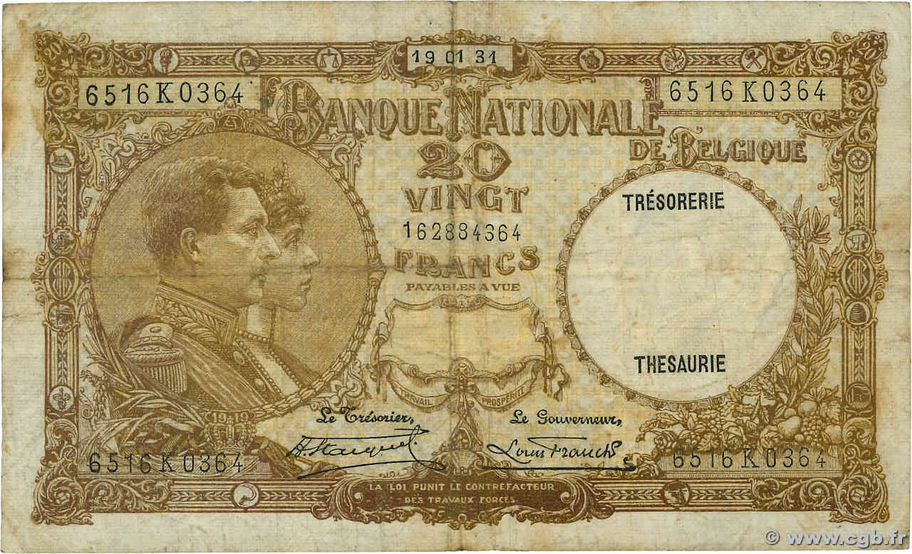 20 Francs BÉLGICA  1931 P.098b RC+