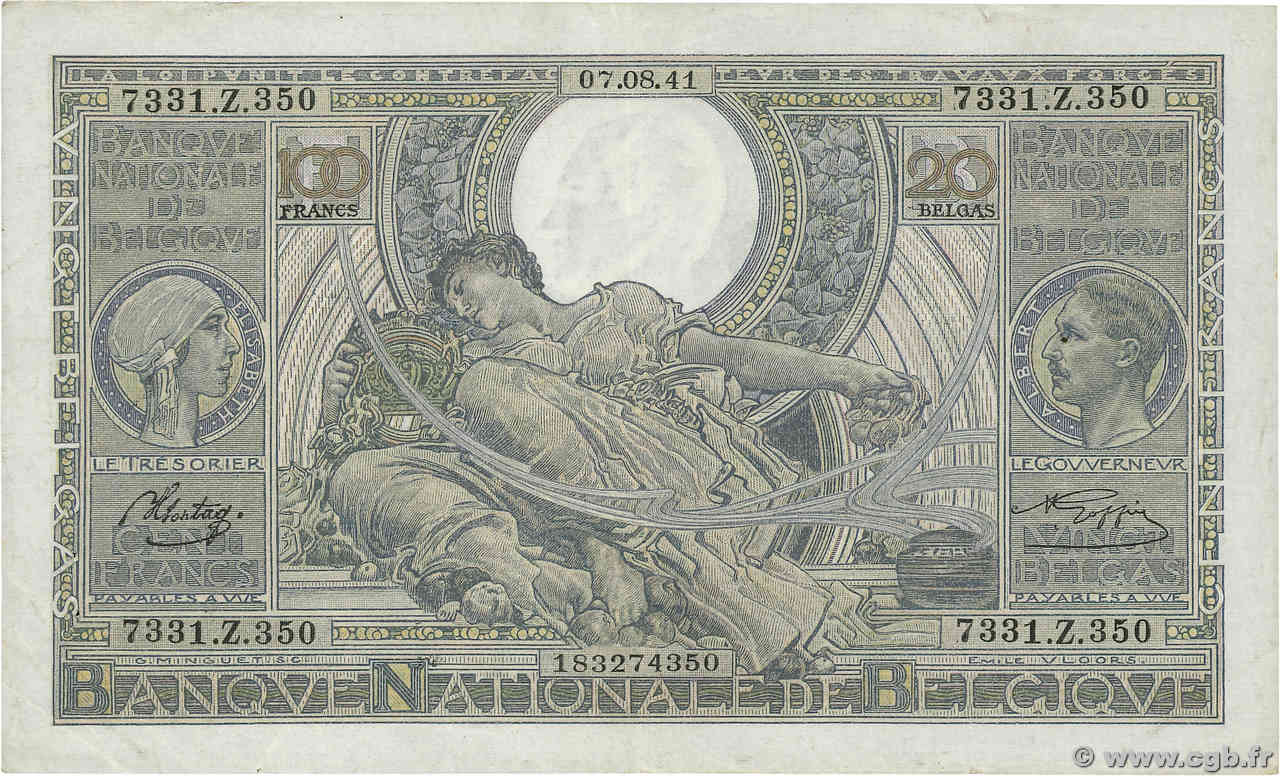 100 Francs - 20 Belgas BÉLGICA  1941 P.107 MBC+