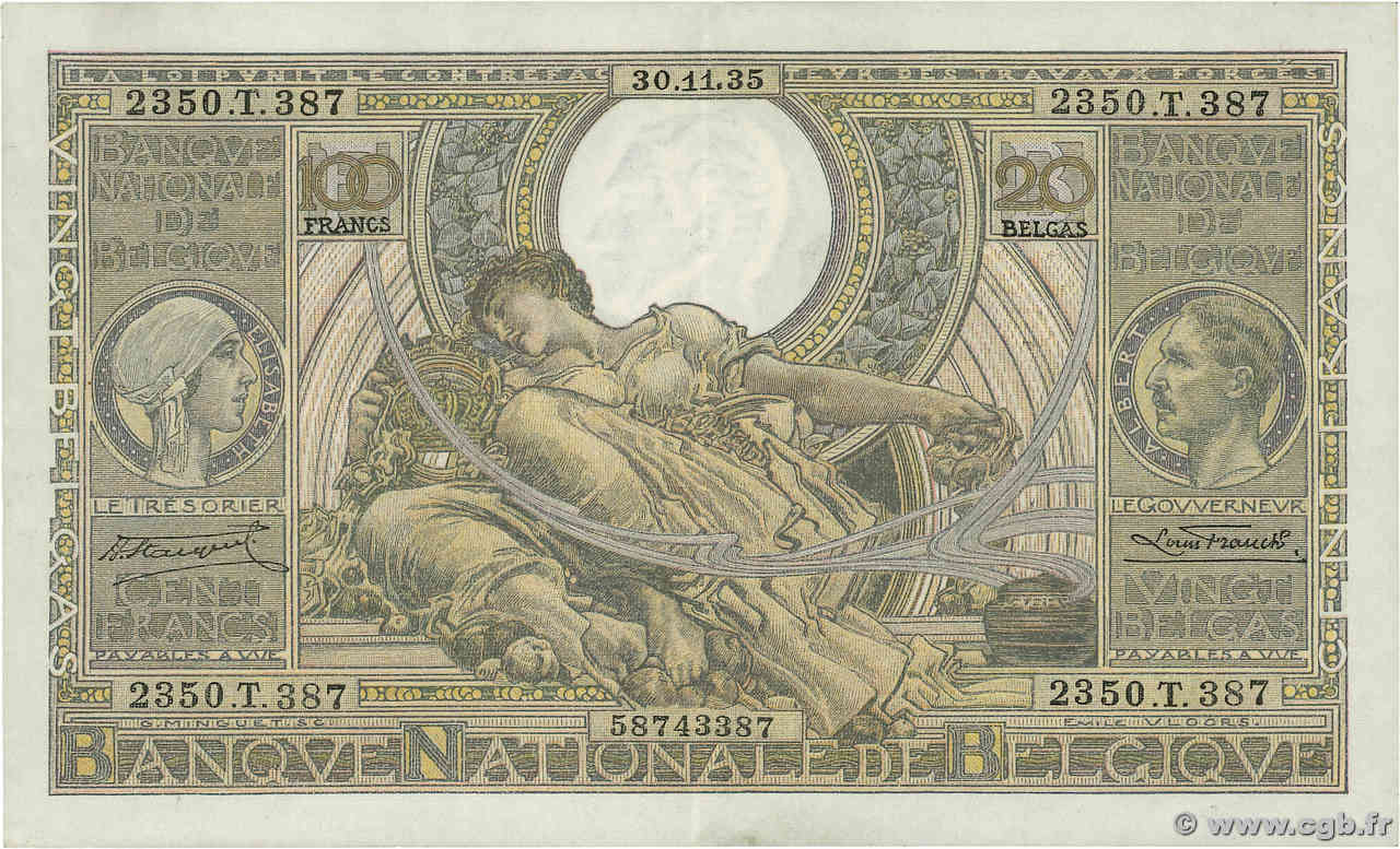 100 Francs - 20 Belgas BÉLGICA  1935 P.107 MBC+