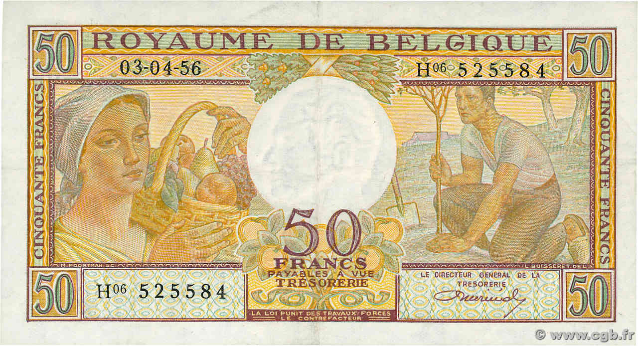 50 Francs BELGIQUE  1956 P.133b TTB