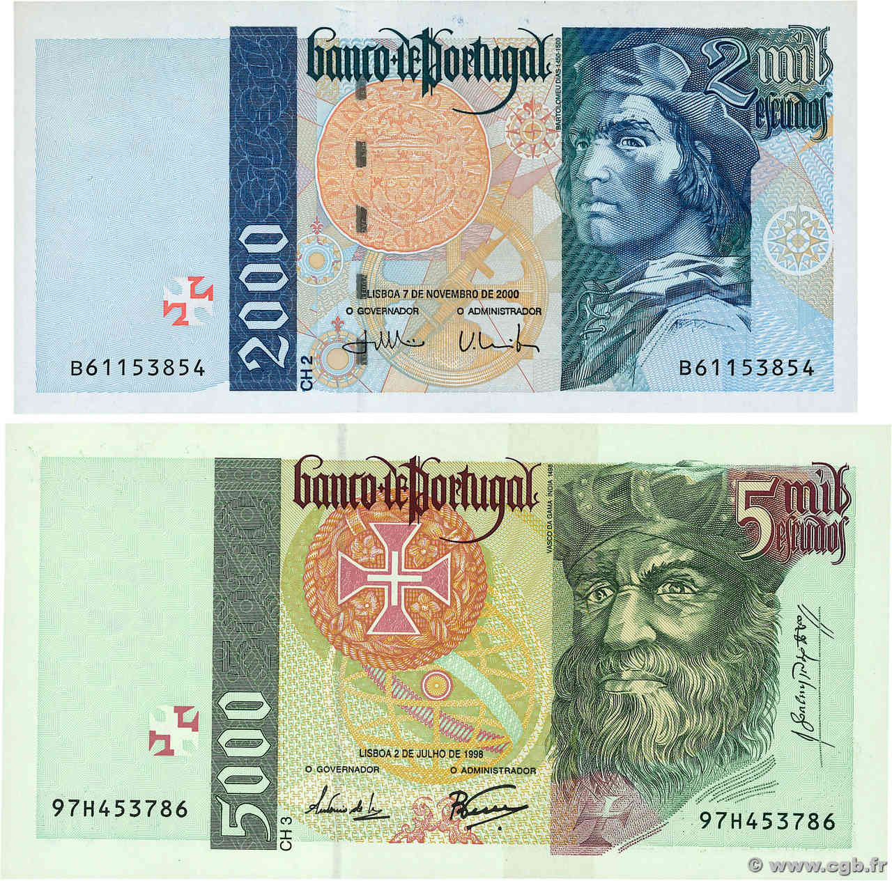 2000 et 5000 Escudos Lot PORTUGAL  1998 P.189d et P.190e fST+