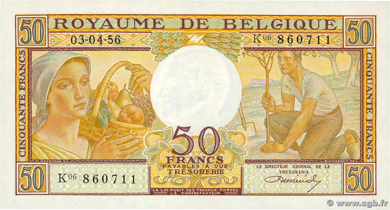 50 Francs BELGIUM  1956 P.133b UNC-