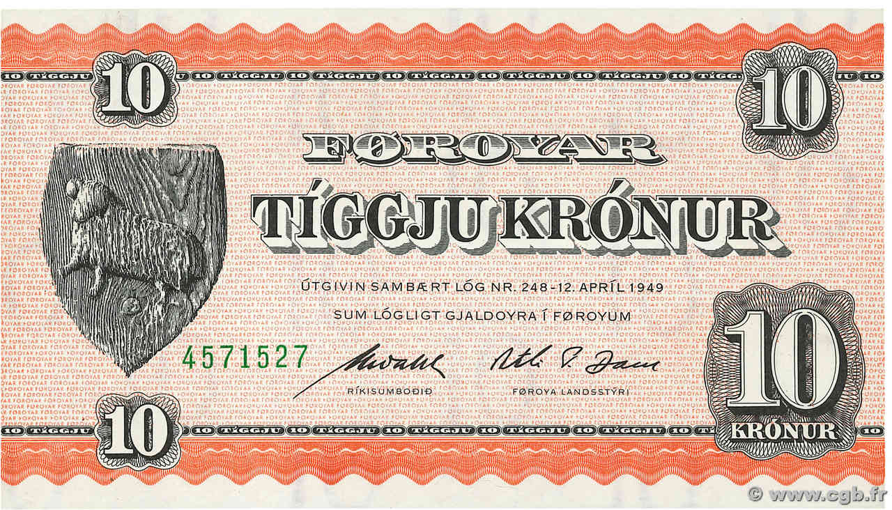 10 Kronur ISLAS FEROE  1954 P.14d SC+