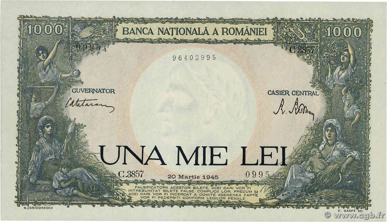 1000 Lei ROMANIA  1945 P.052a AU+