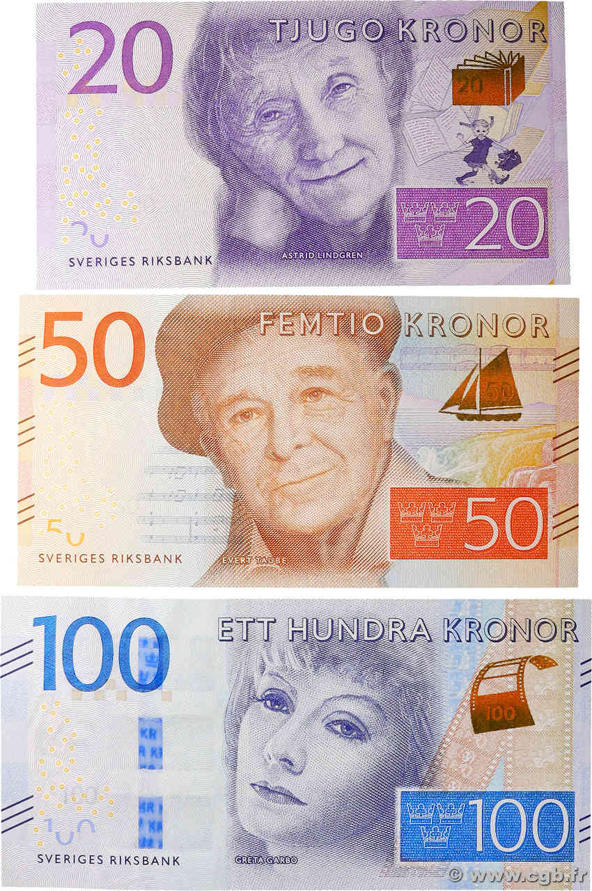 20, 50, et 100 Kronor Lot SUÈDE  2015 P.69a, P.70 et P.71b FDC