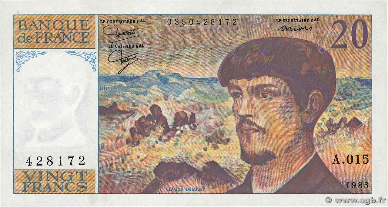 20 Francs DEBUSSY FRANKREICH  1985 F.66.06A15 fST