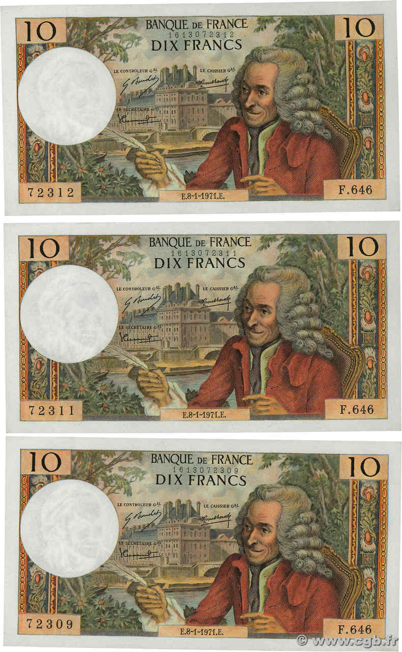 10 Francs VOLTAIRE Lot FRANKREICH  1971 F.62.48 fST+