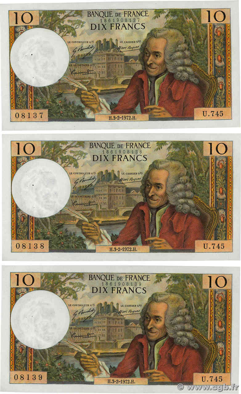 10 Francs VOLTAIRE Consécutifs FRANCIA  1972 F.62.54 EBC