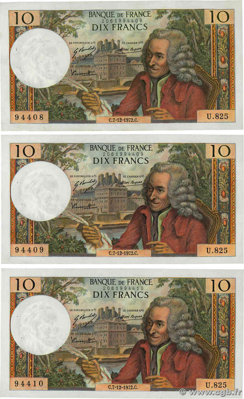 10 Francs VOLTAIRE Consécutifs FRANCIA  1972 F.62.59 EBC