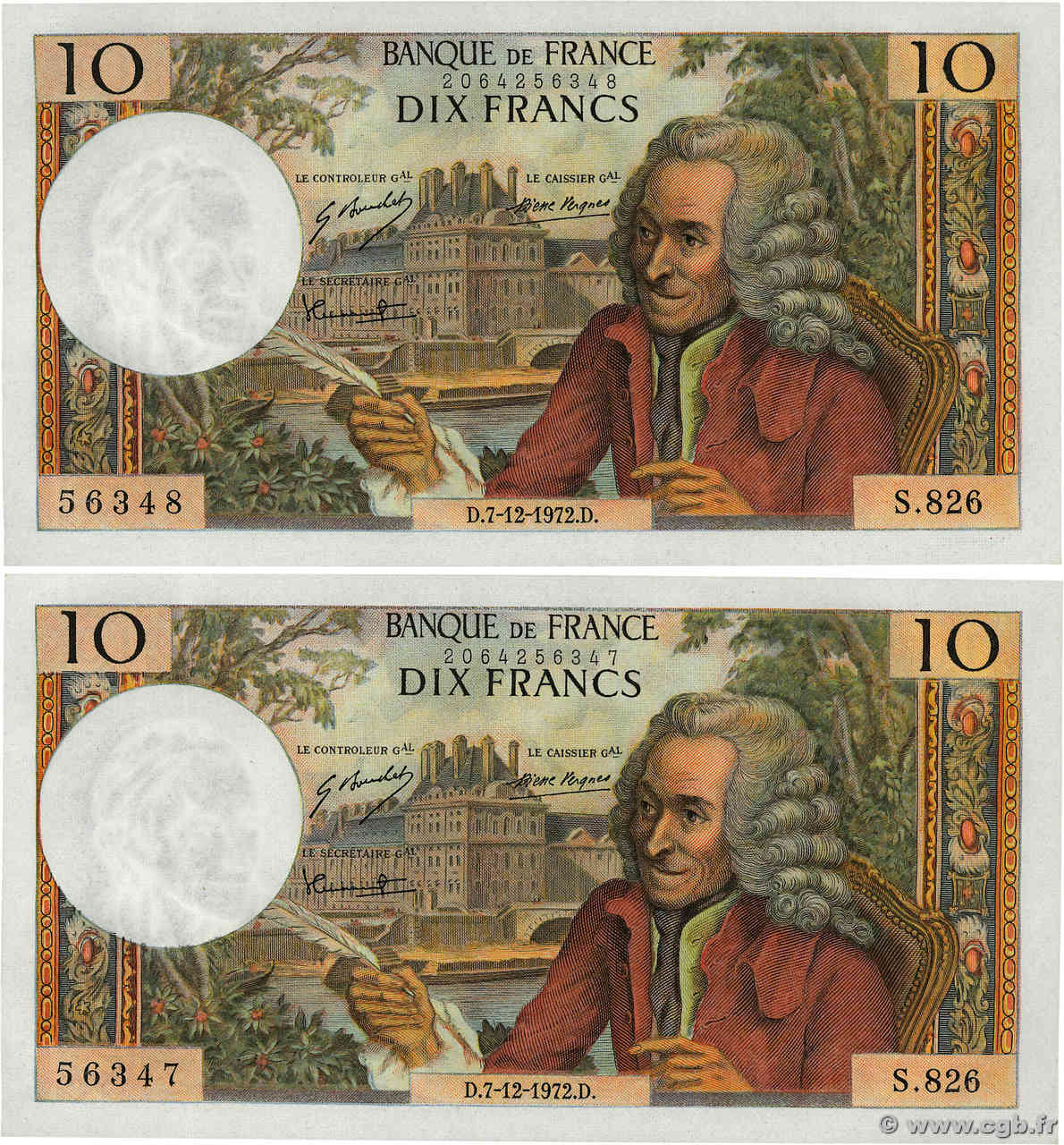 10 Francs VOLTAIRE Consécutifs FRANCE  1972 F.62.59 pr.NEUF