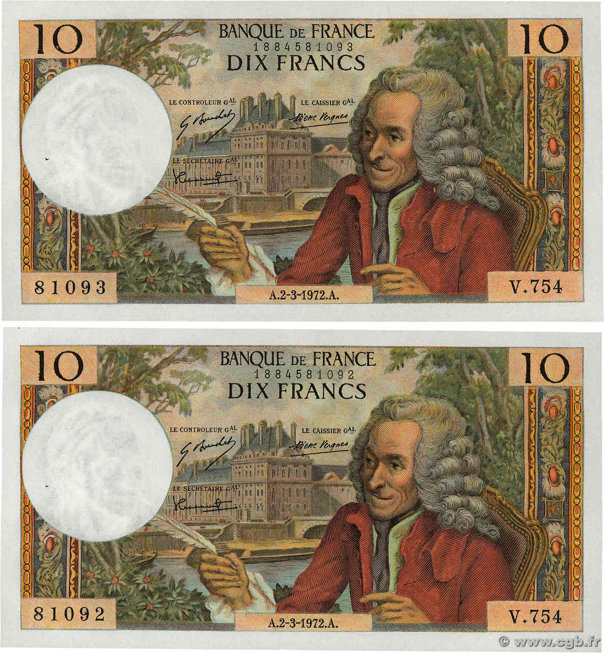 10 Francs VOLTAIRE Consécutifs FRANCE  1972 F.62.55 AU