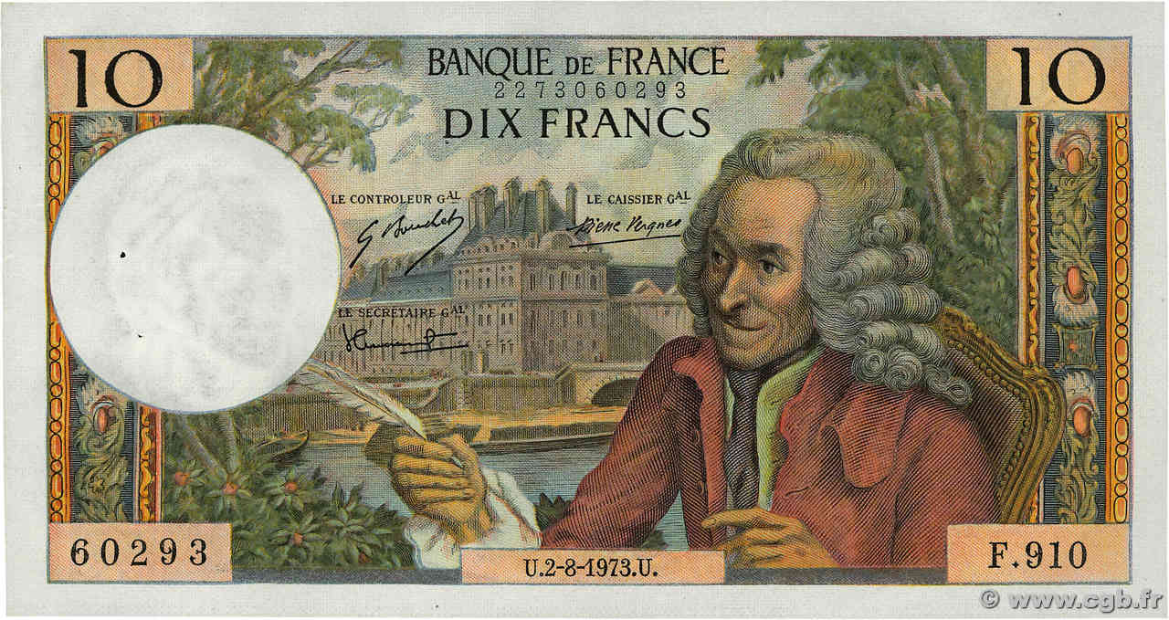 10 Francs VOLTAIRE FRANKREICH  1973 F.62.63 VZ+