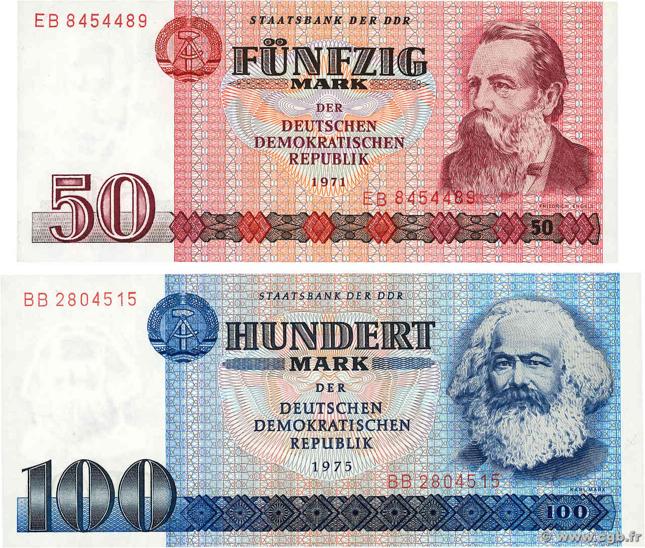 50 et 100 Mark Lot GERMAN DEMOCRATIC REPUBLIC  1971 P.30b et P.31b UNC-