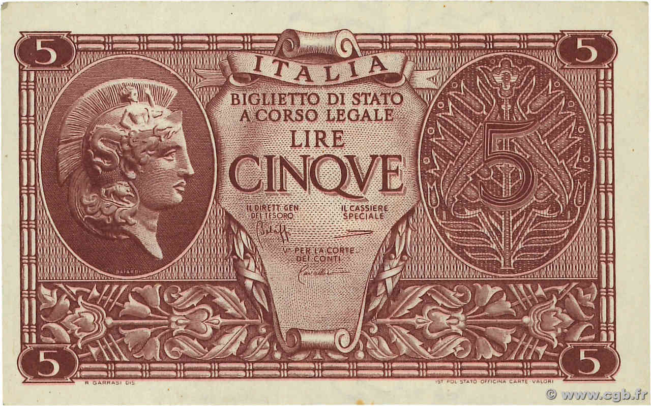 5 Lire ITALIE  1944 P.031c SUP