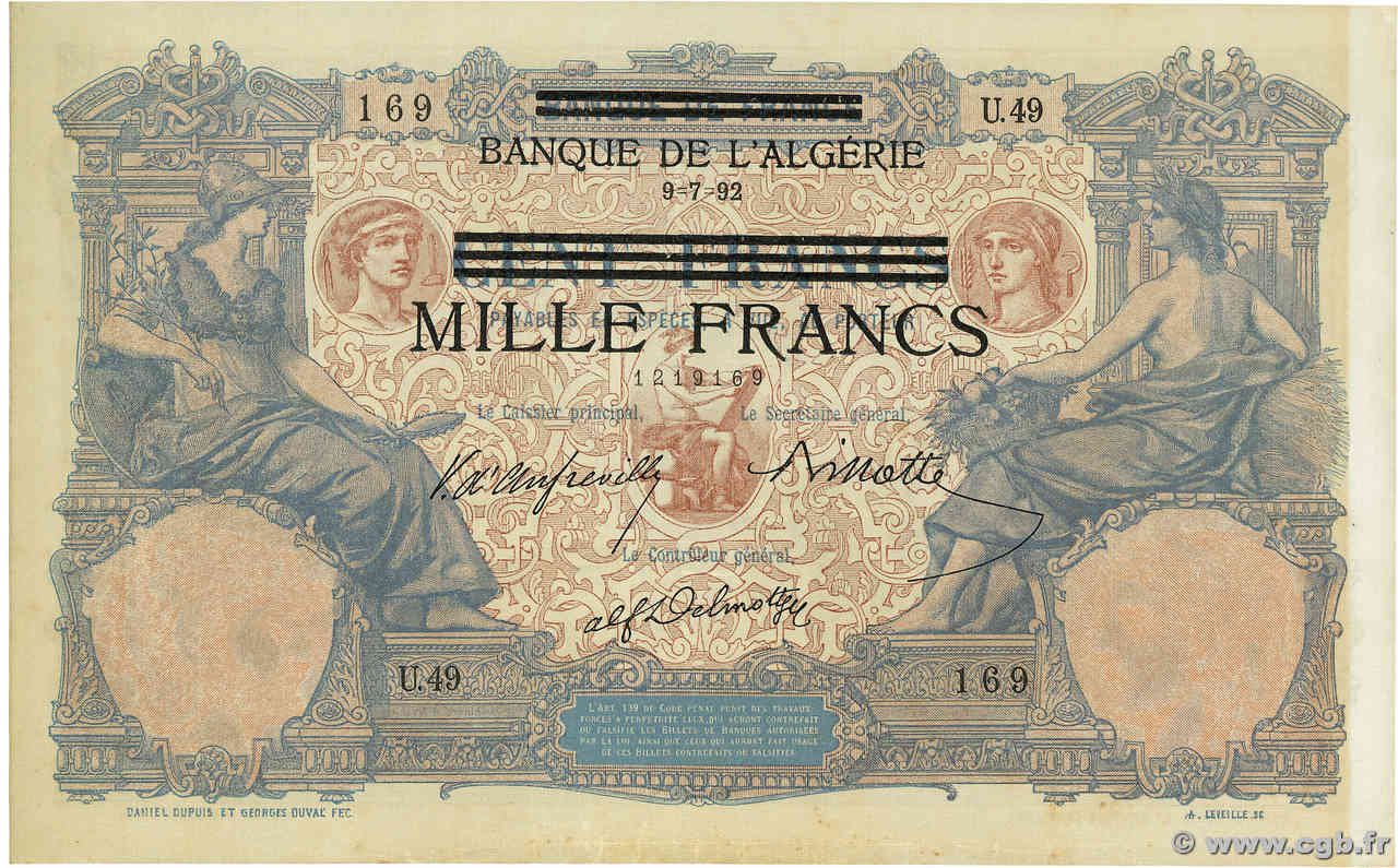 1000 Francs sur 100 Francs TUNISIA  1942 P.31 SPL